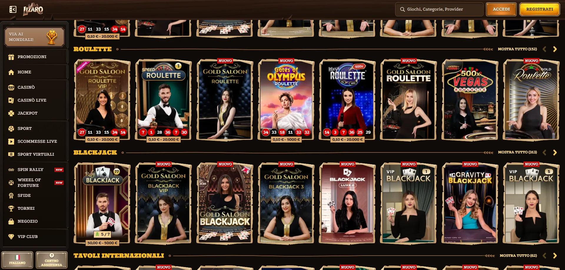 Lizaro Casino giochi da casin&ograve; live dealer slot e tavoli in diretta