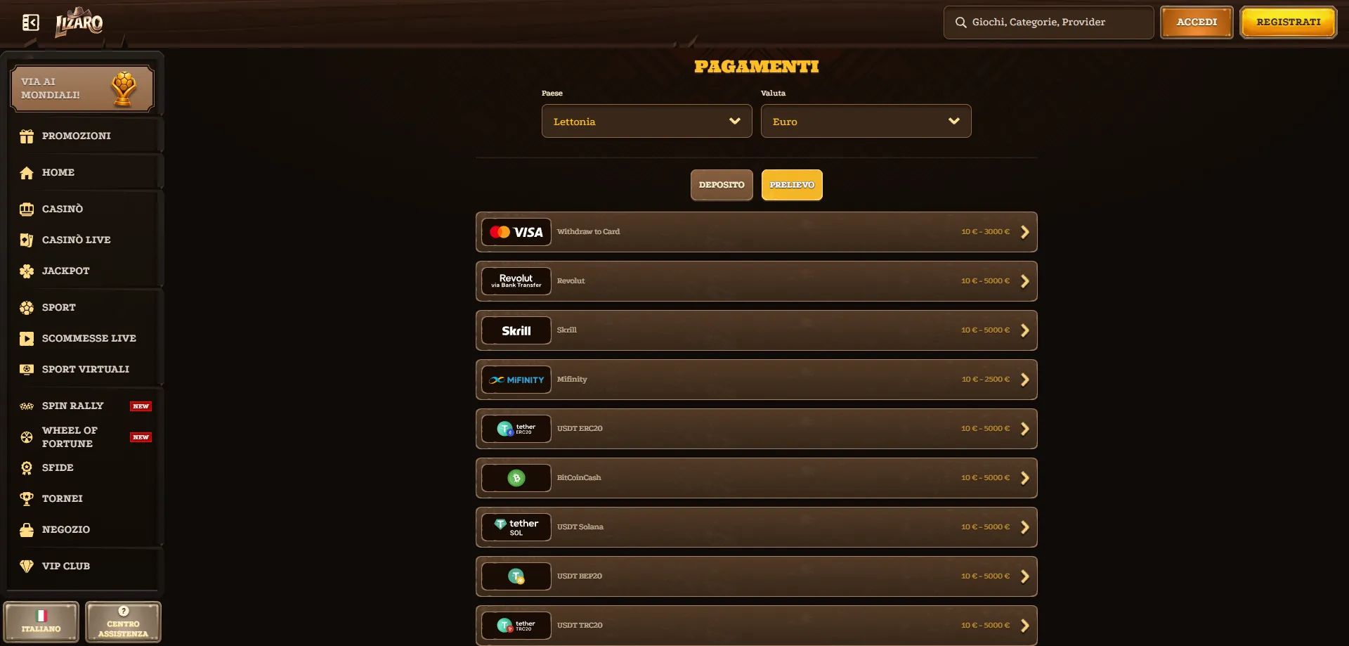 Lizaro Casino depositi e prelievi metodi pagamento sicuri veloci