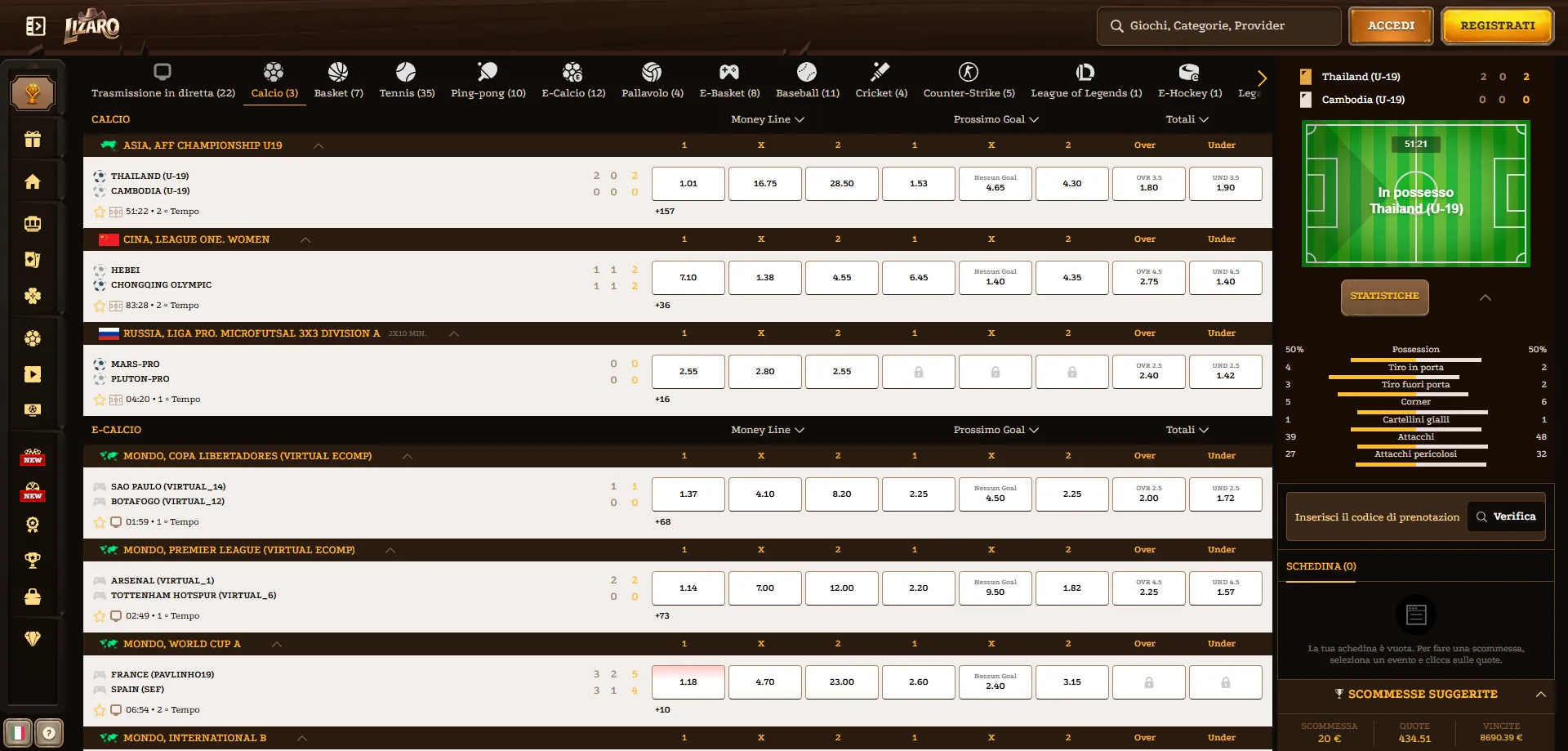 Lizaro scommesse sportive calcio tennis basket palinsesto completo
